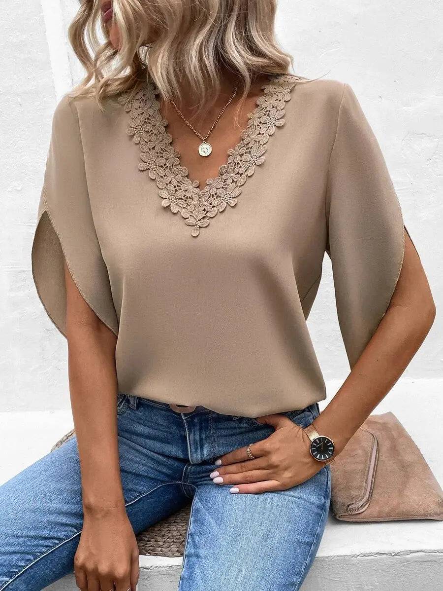 Lace V-Neck Flared Sleeves Loose Shirt Women's Top    