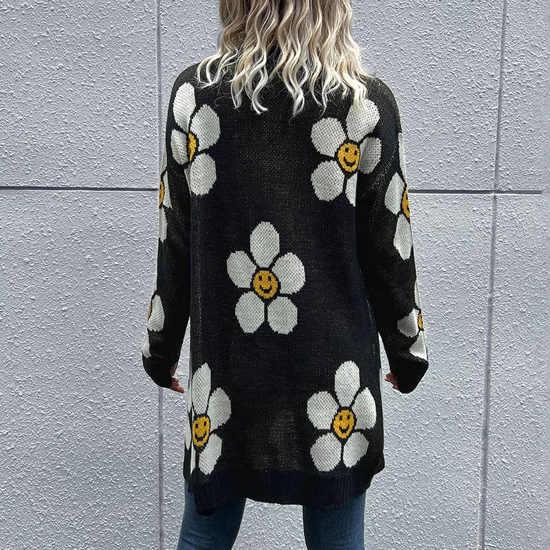 Floral Jacquard Long Sleeve Sweater Cardigan for Women    