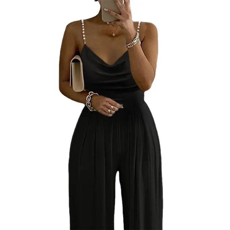 Pearl Chain Backless Wide Leg Jumpsuit    