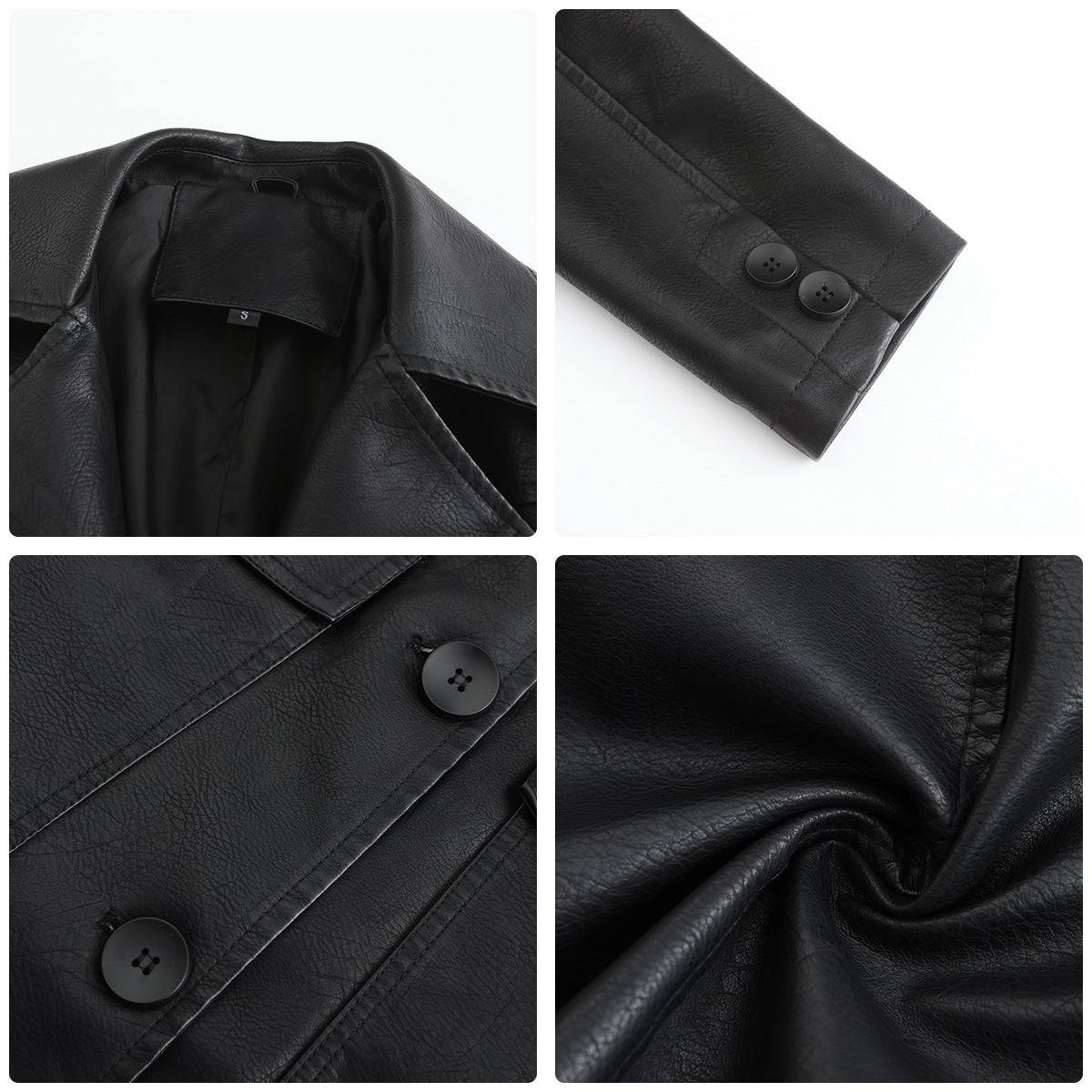 Long Leather Coat Spring Autumn Long Sleeve Leather Wind Coat British Coat Women Collared Single Breasted    