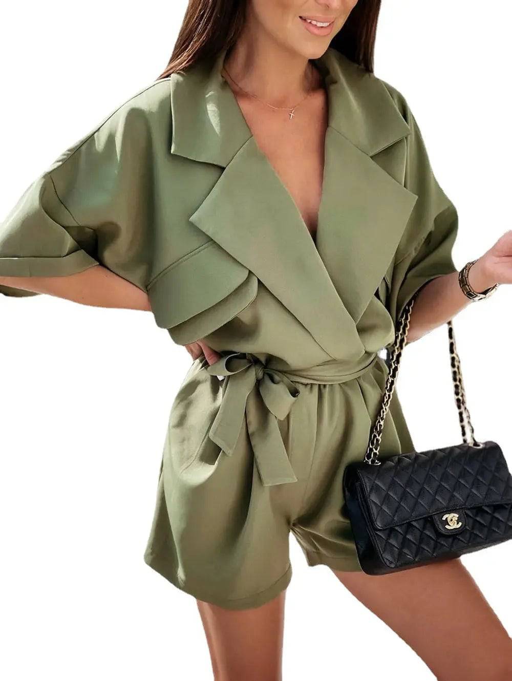 Flirty Collared Batwing Sleeve Romper with Belt for Women's Summer Wear    