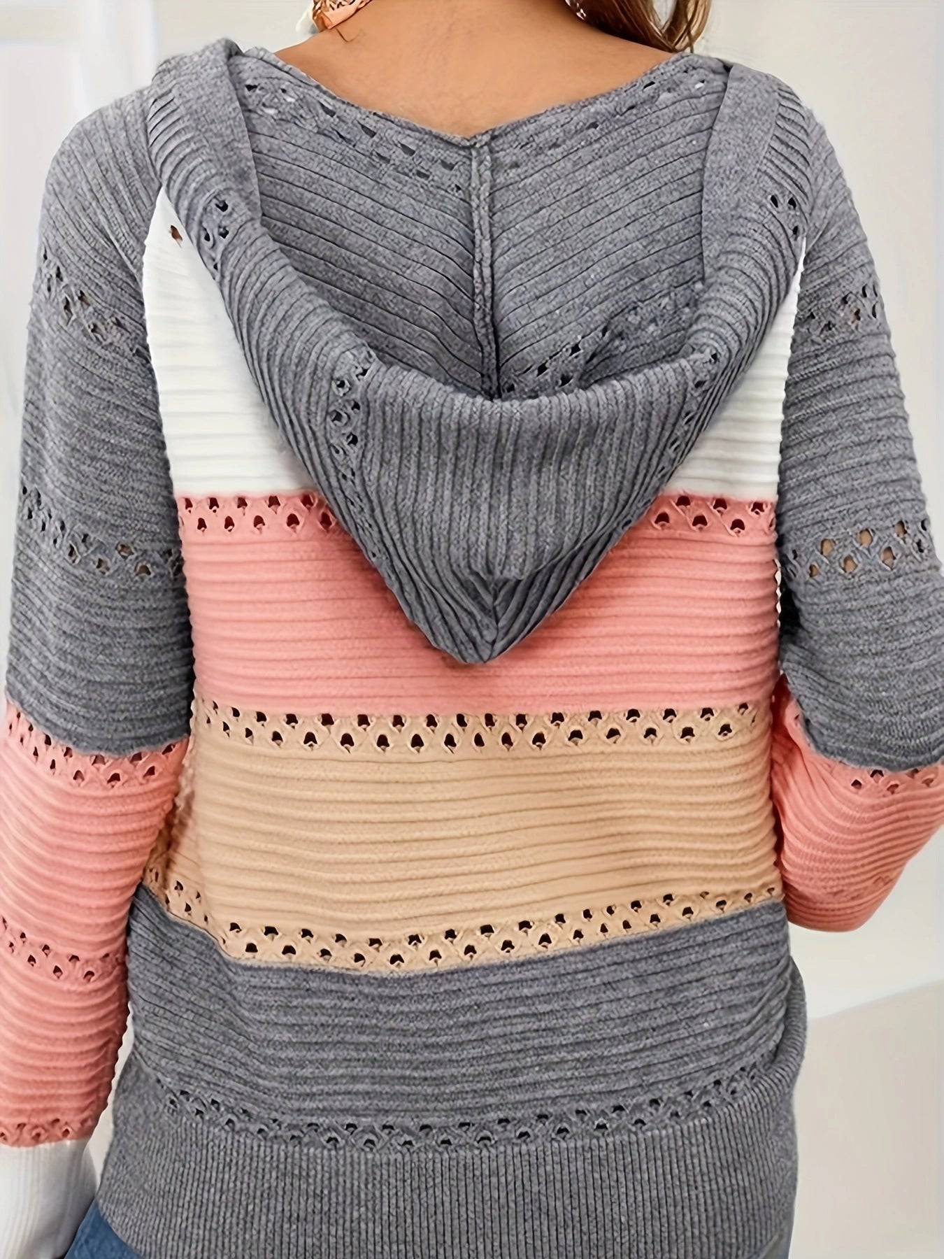 Striped V-Neck Hooded Knit Sweater with Hollow Out Details    