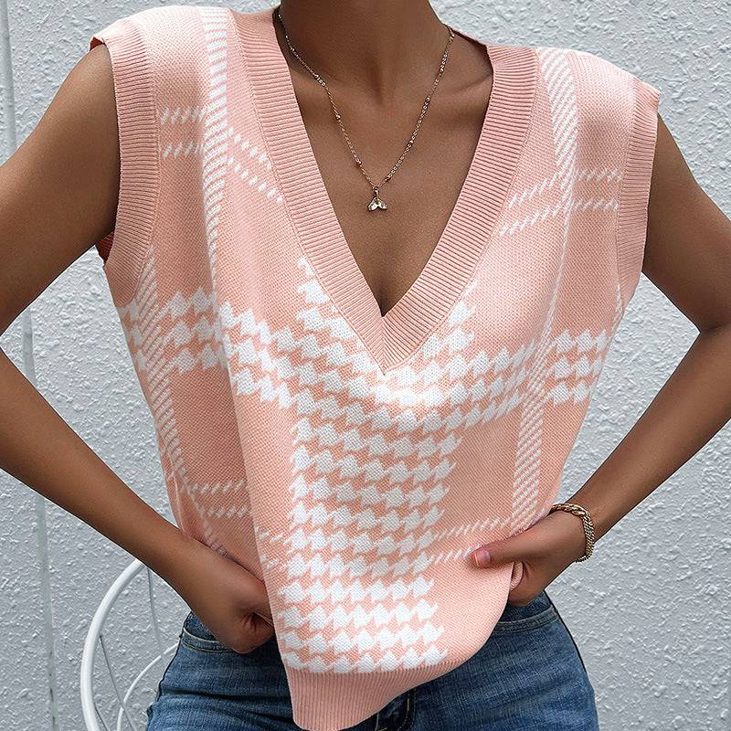 Houndstooth Knitted Vest for Women's Autumn and Winter Fashion    