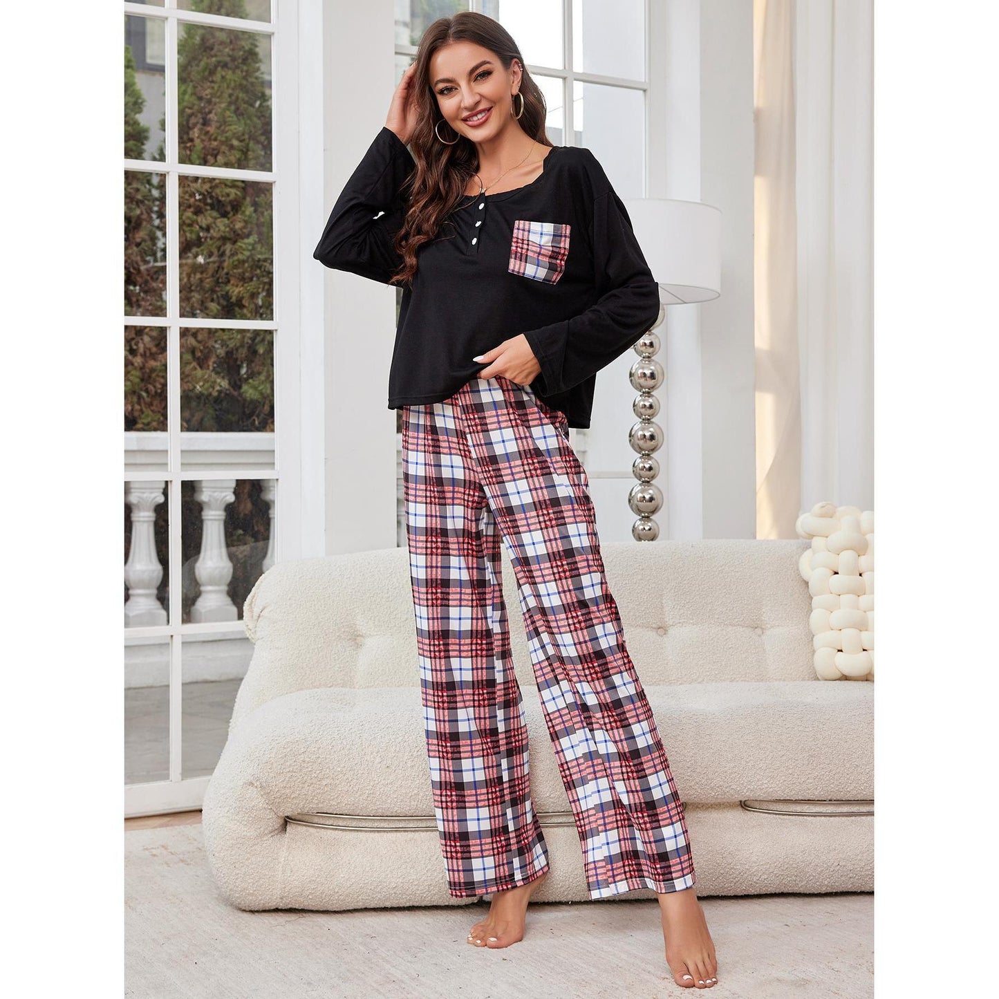 Ladies Home Casual Autumn Winter Casual Plaid Trousers Long Sleeved Pajamas Women    