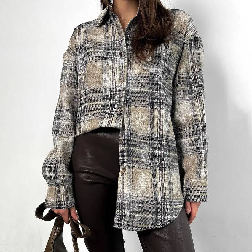 Spring Plaid Cotton Long Sleeve Shirt for Women    