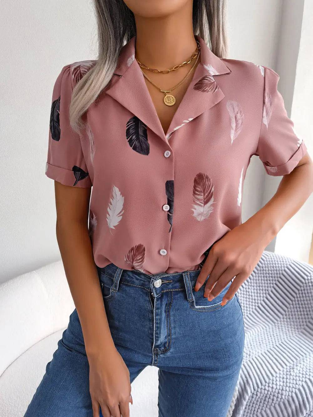 Feather Print Collared Women's Shirt with Short Sleeves    