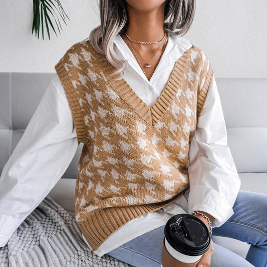 Houndstooth V-Neck Knitted Vest Sweater Waistcoat for Women    