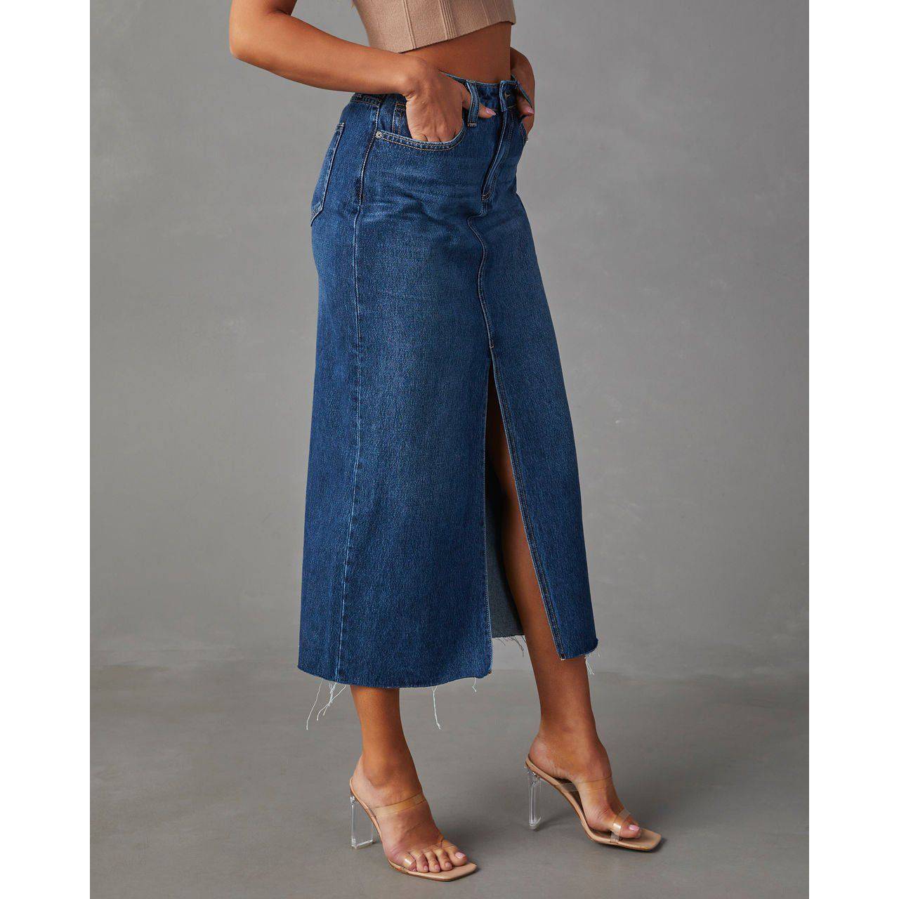 A-line High Waist Split Denim Skirt for Women  S Blue 