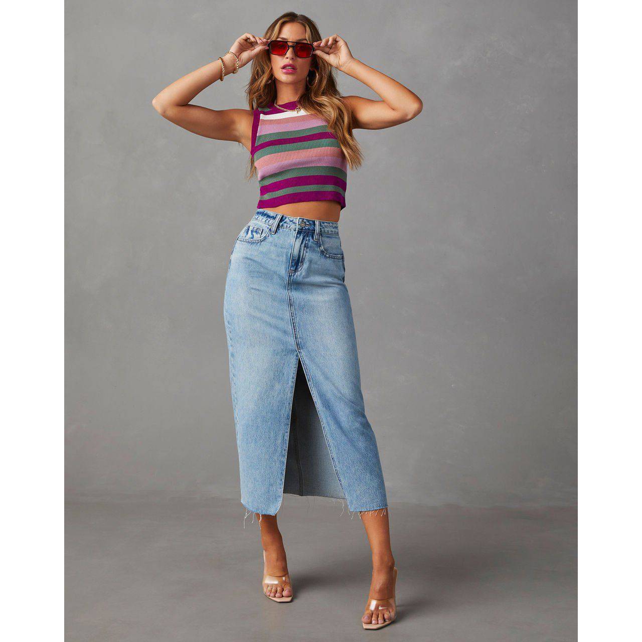 A-line High Waist Split Denim Skirts for Women  S Light Blue 