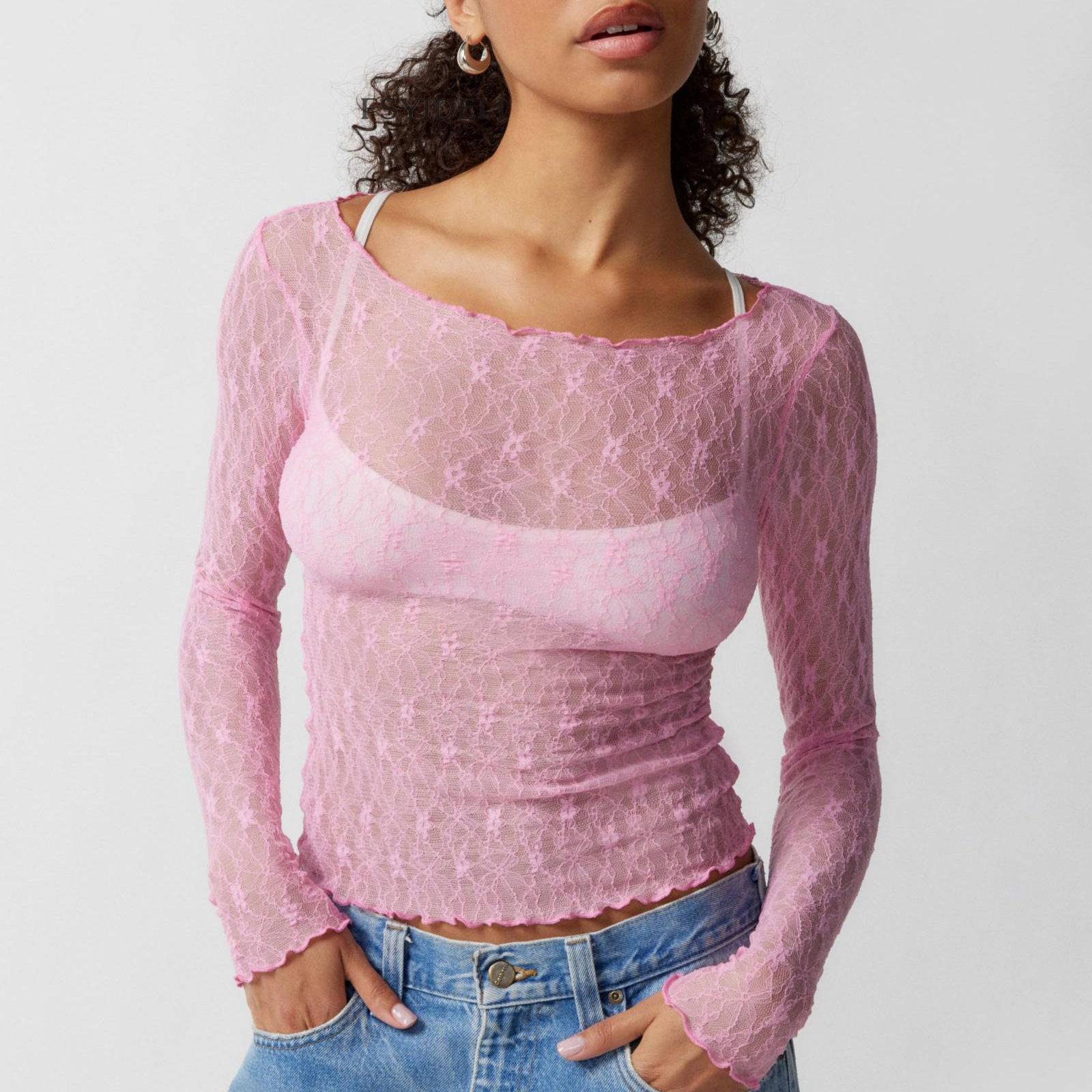 Allure Lace Mesh Tees for Women with Wave Edge in Pink - Feminine and alluring transparent T-shirt with lace accents