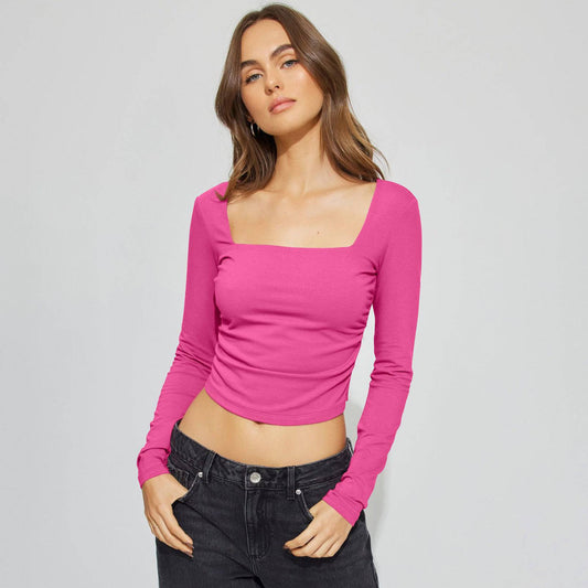 Alluring Backless Women's Knitwear Long Sleeve T-Shirt with Square Collar  XS Rose Red 