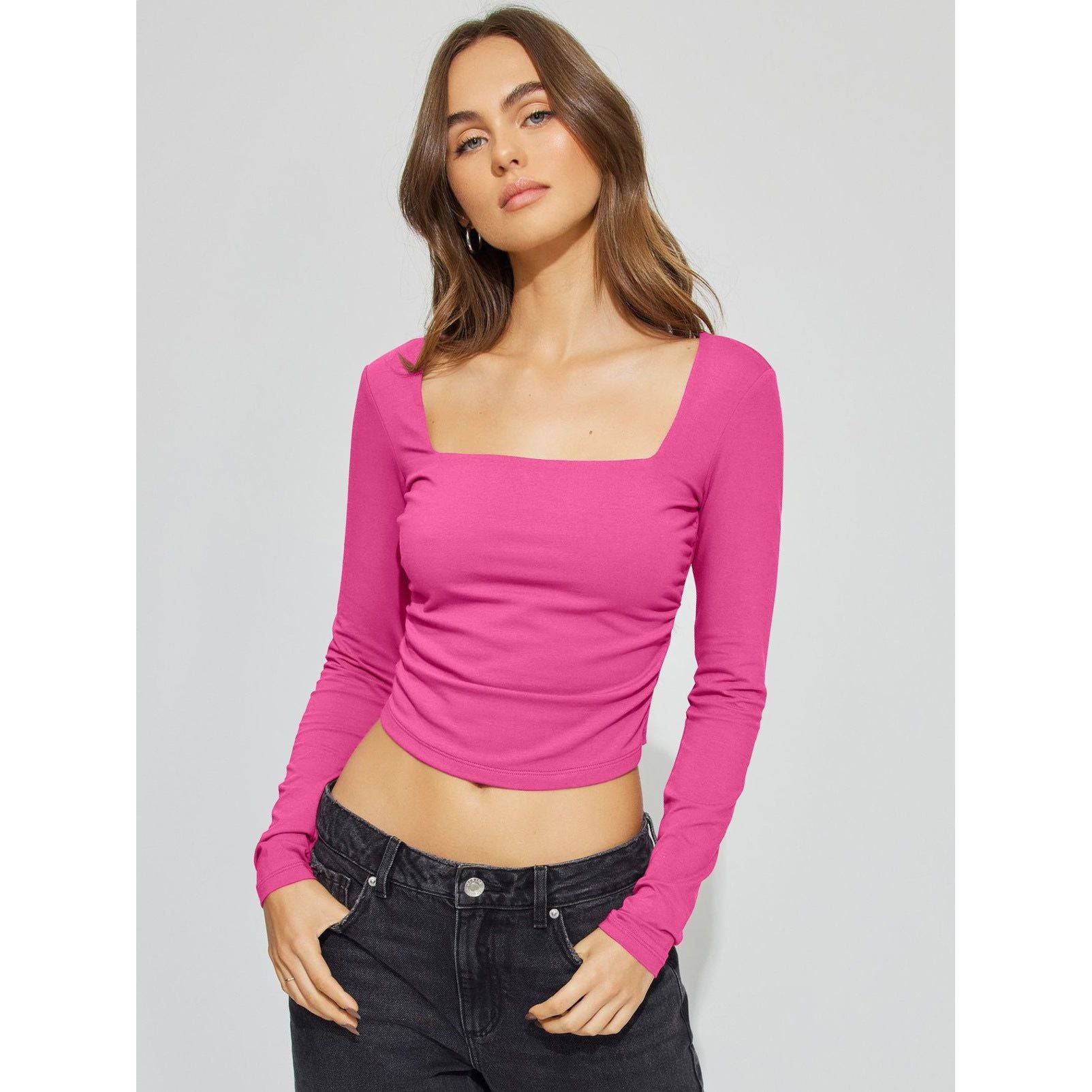 Rose Red Backless Knitwear Long Sleeve T-Shirt with Square Collar - Trendy T Shirts for Women