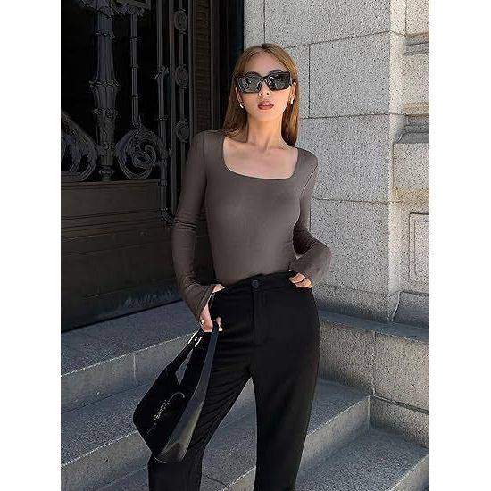 Alluring Long Sleeve Square Neck Jumpsuit for Women  S Brown 