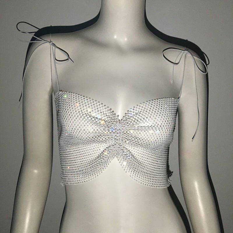 Alluring Rhinestone-Embellished Mesh Sling Top for Fall and Winter  S White 