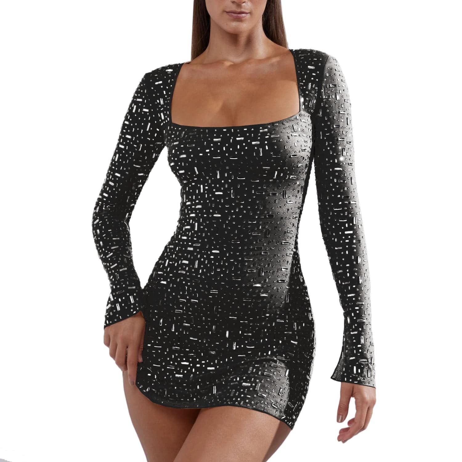 Alluring Sequined Rhinestone Semi Sheer Bodycon Dress with Long Sleeves  S Black 