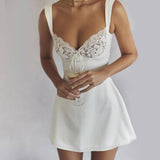 Alluring White Satin Deep V Plunge Halter Backless Dress for Women    