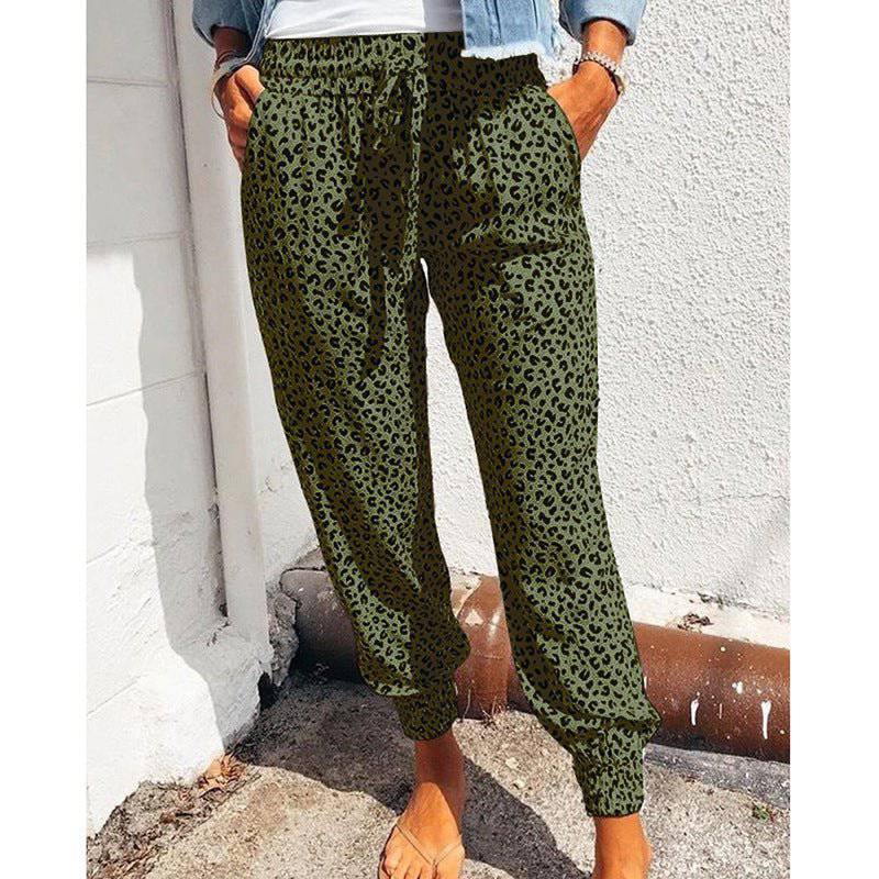 Animal Print Tie Waist Polyester Casual Pants for Women    