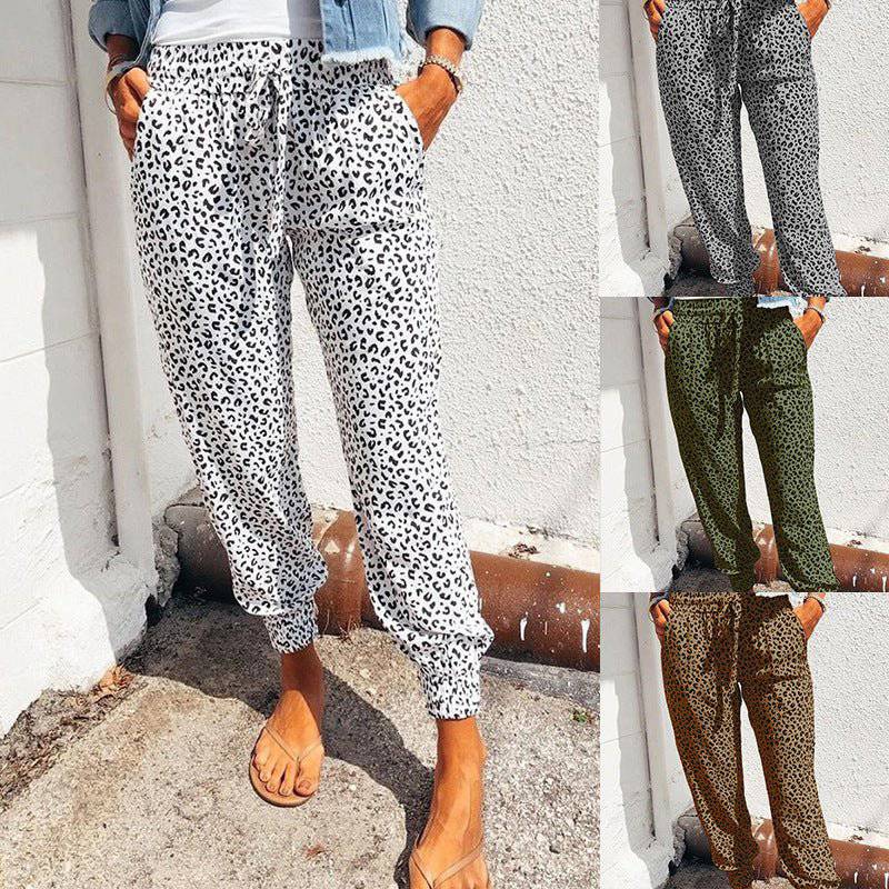 Animal Print Tie Waist Polyester Casual Pants for Women    