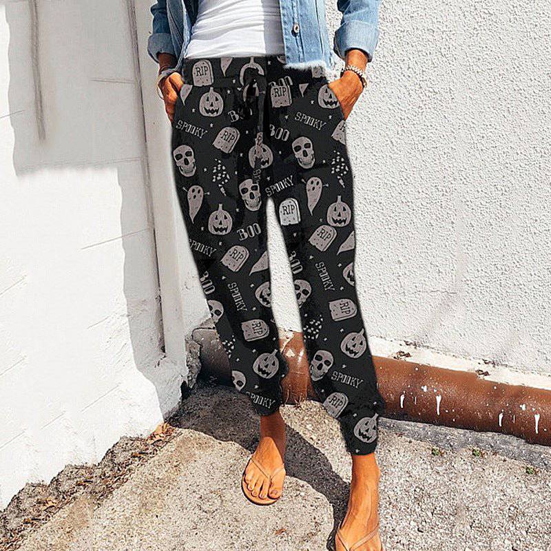 Animal Print Tie Waist Polyester Casual Pants for Women  S Black 1 