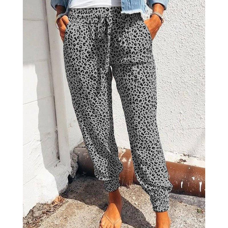 Animal Print Tie Waist Polyester Casual Pants for Women    