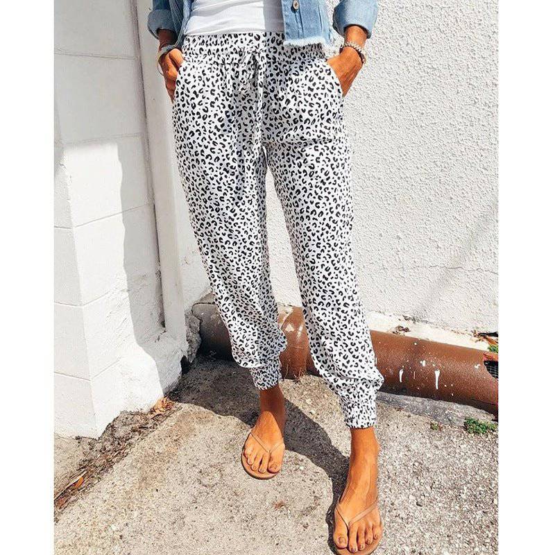 Animal Print Tie Waist Polyester Casual Pants for Women    