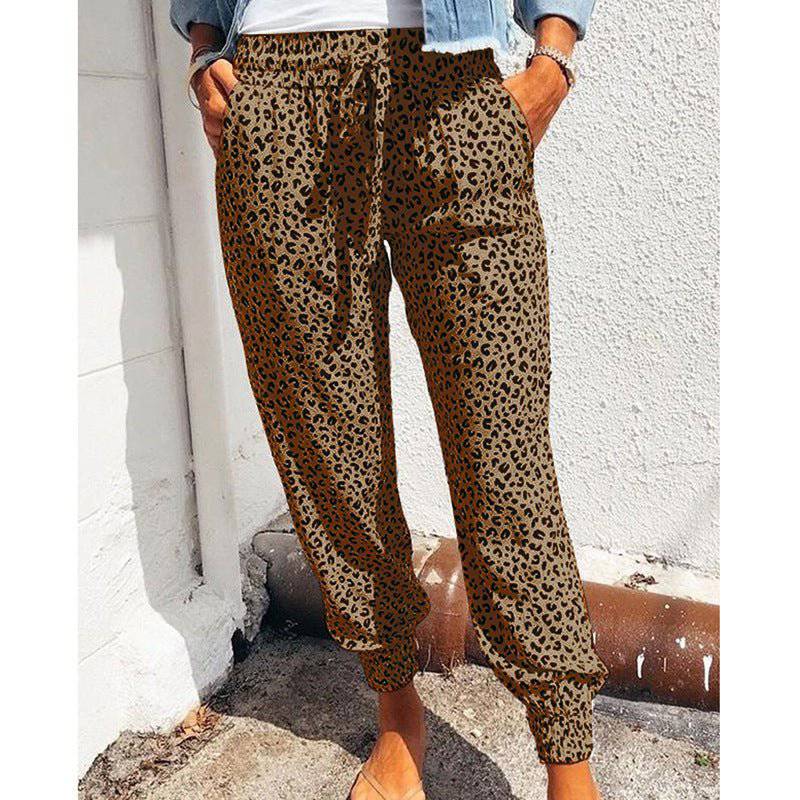 Animal Print Tie Waist Polyester Casual Pants for Women  S Brown 