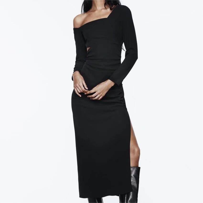 Asymmetric Fold Black Midi Dress with One Shoulder    