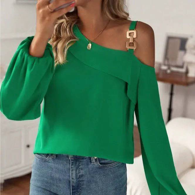 Asymmetric Metal Buckle Shoulder Strap Blouse With Lantern Sleeves    