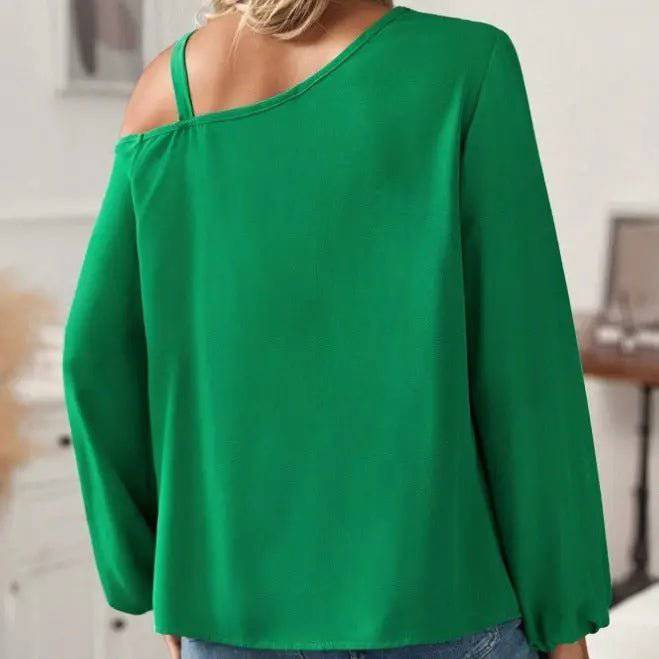 Asymmetric Metal Buckle Shoulder Strap Blouse With Lantern Sleeves    