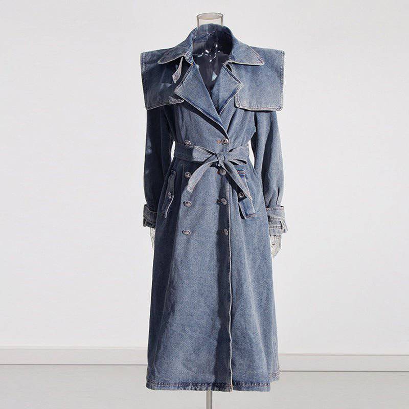 Autumn Chic Denim Trench Coat with Polo Collar and Lace-Up Design  S Blue 