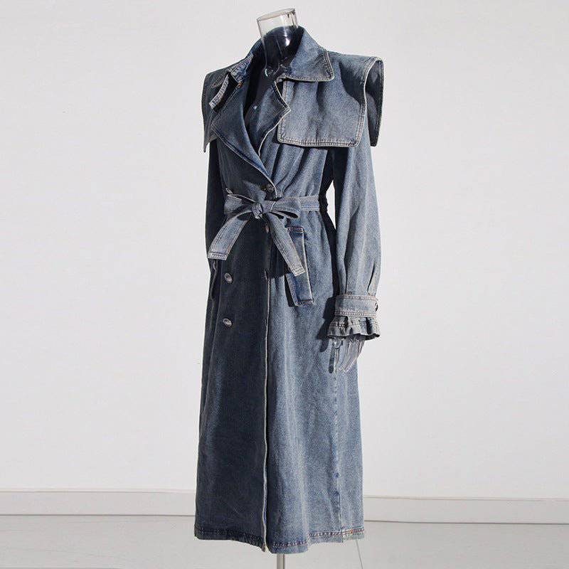 Autumn Chic Denim Trench Coat with Polo Collar and Lace-Up Design    