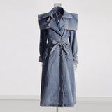 Autumn Chic Denim Trench Coat with Polo Collar and Lace-Up Design    