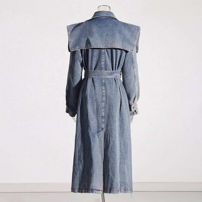 Autumn Chic Denim Trench Coat with Polo Collar and Lace-Up Design    