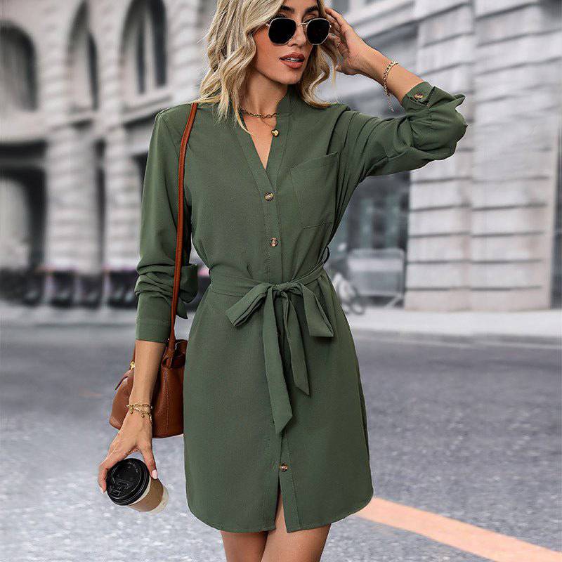 Autumn Chic Solid Color Shirt Dress with Belted Details  S Army Green 
