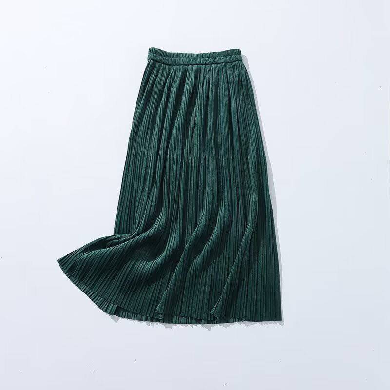 Autumn Elegance Velvet A-Line Midi Skirt  One Size blackish green 