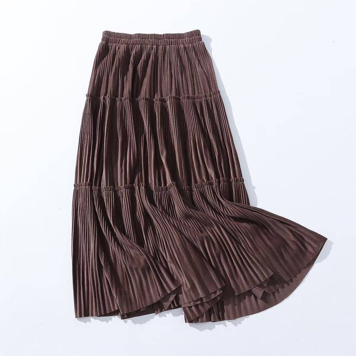 Autumn Elegance Velvet Midi Skirt with Elastic Waist  One Size Coffee 