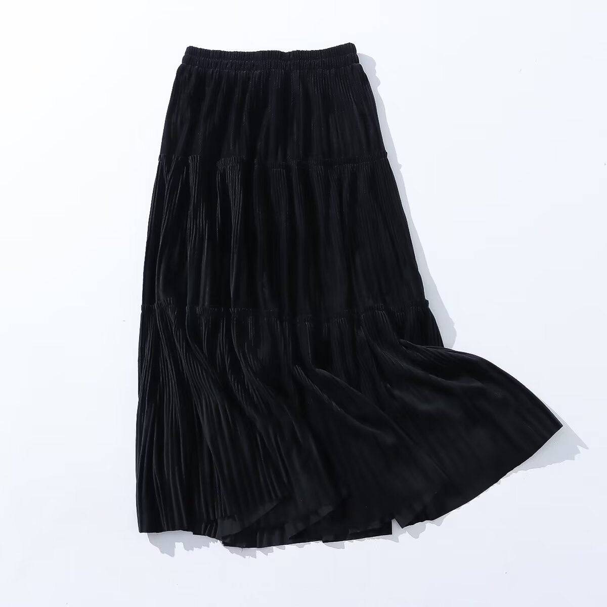 Autumn Elegance Velvet Midi Skirt with Elastic Waist  One Size Black 