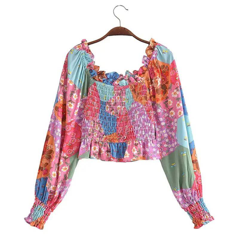 Autumn Floral Print Off-Shoulder Shirt with Square Collar and Lantern Sleeves  S Red and blue printing 