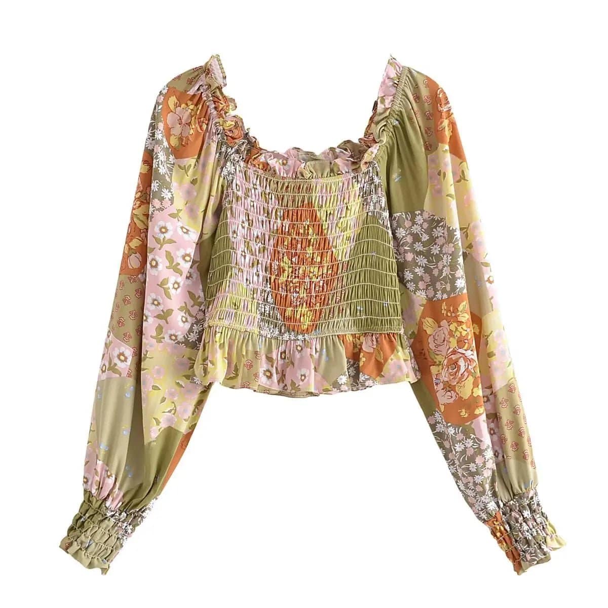 Autumn Floral Print Off-Shoulder Shirt with Square Collar and Lantern Sleeves    