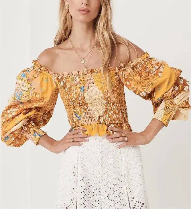 Autumn Floral Print Off-Shoulder Shirt with Square Collar and Lantern Sleeves    