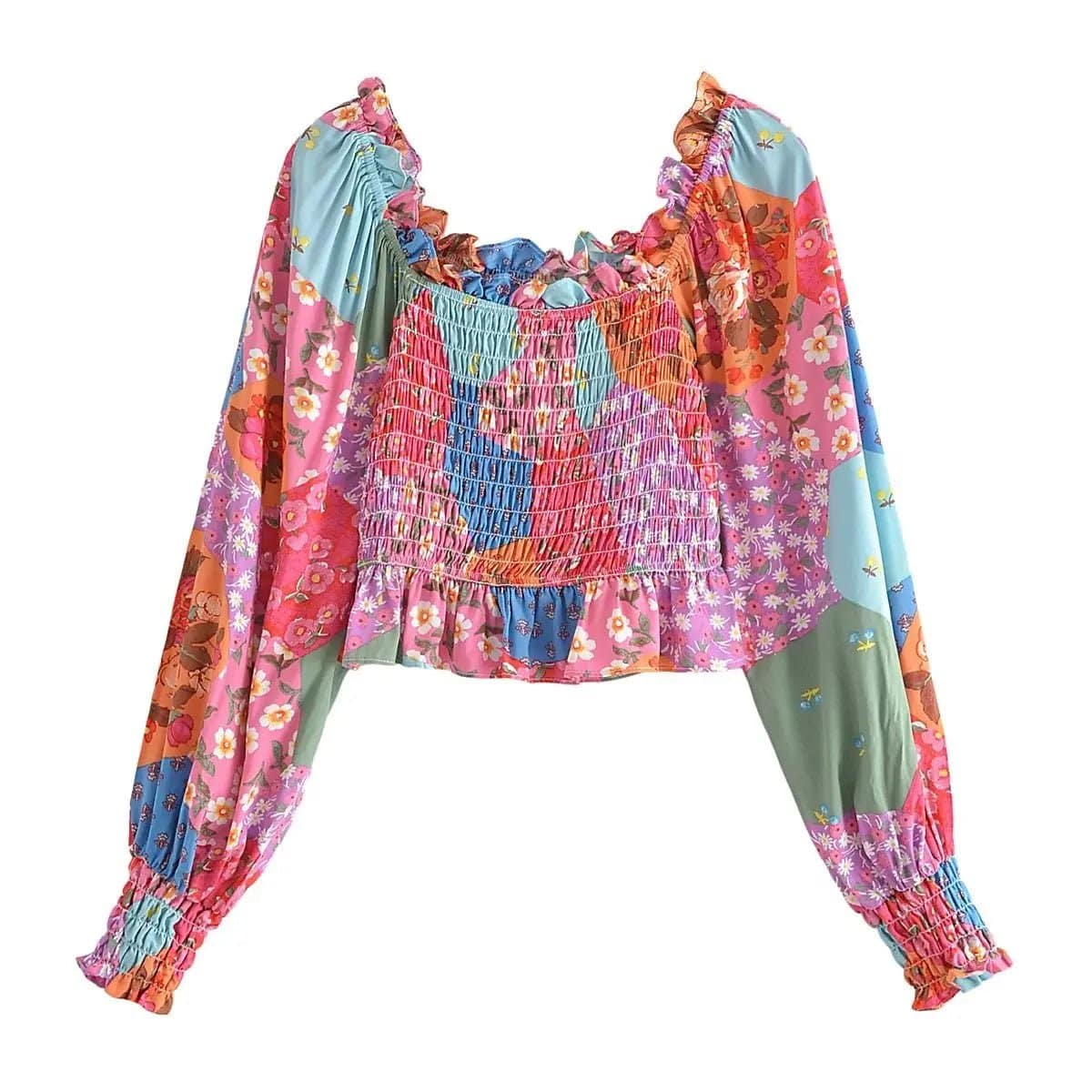 Autumn Floral Print Off-Shoulder Shirt with Square Collar and Lantern Sleeves    