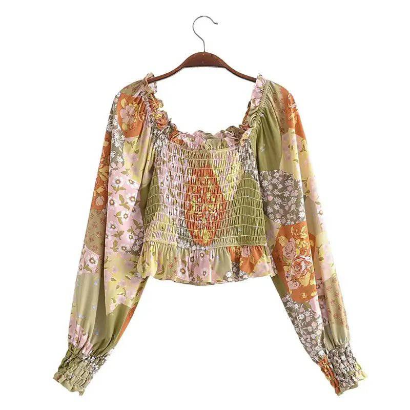 Autumn Floral Print Off-Shoulder Shirt with Square Collar and Lantern Sleeves  S Green background pattern 