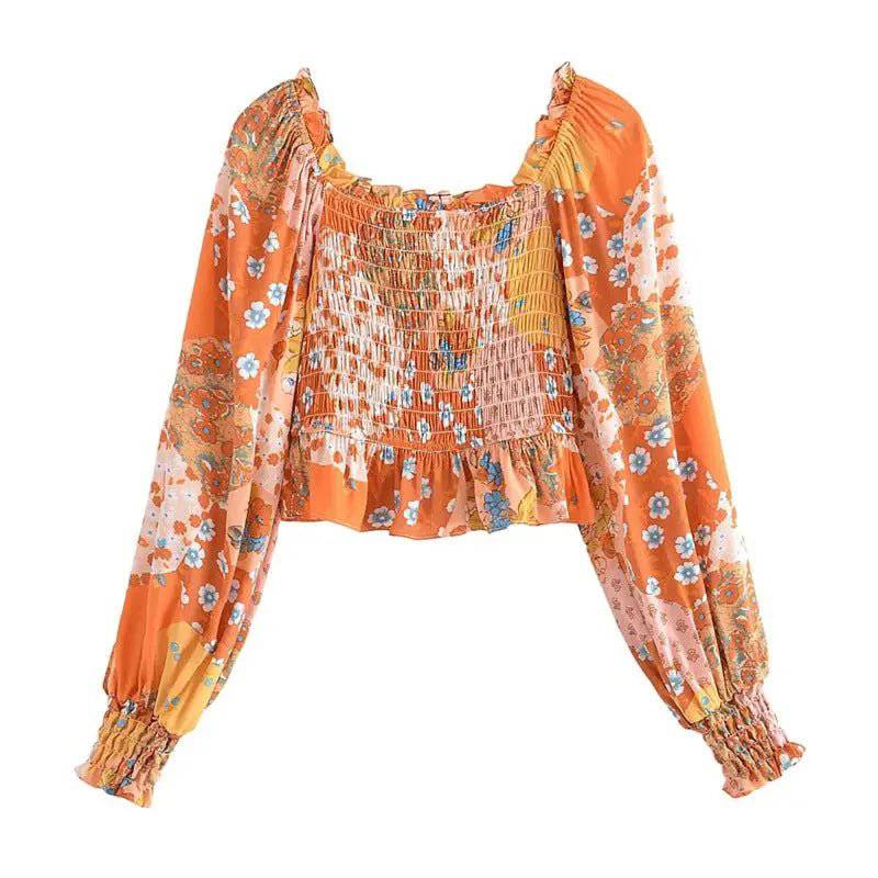 Autumn Floral Print Off-Shoulder Shirt with Square Collar and Lantern Sleeves  S Orange Bottom Color 