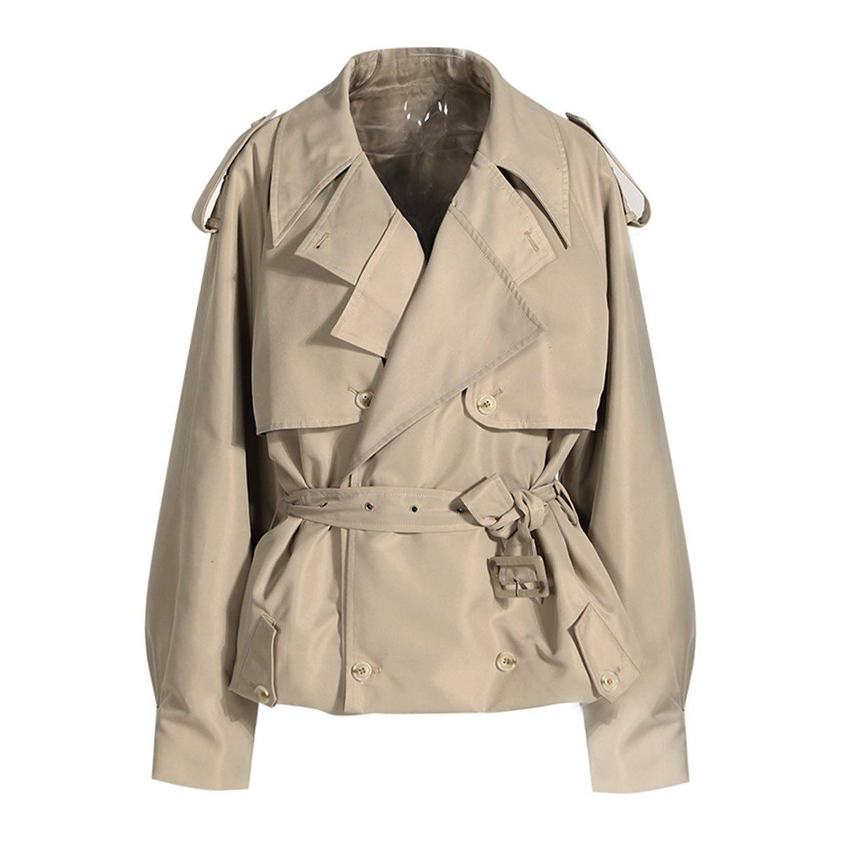 Autumn French Trench Coat with Waist Trim & Double Breasted Design  S Khaki 