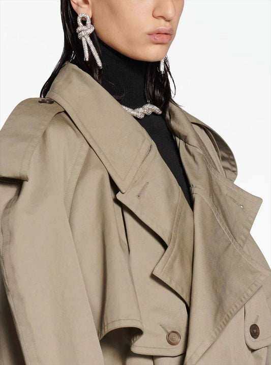 Autumn French Trench Coat with Waist Trim & Double Breasted Design    