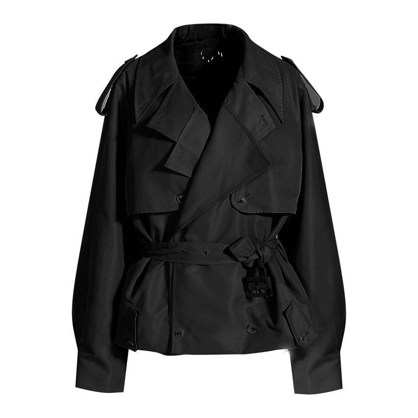 Autumn French Trench Coat with Waist Trim & Double Breasted Design  S Black 