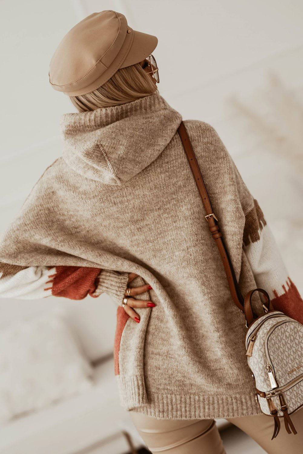 Autumn Hooded Loose Sweater for Women with Contrast Color    