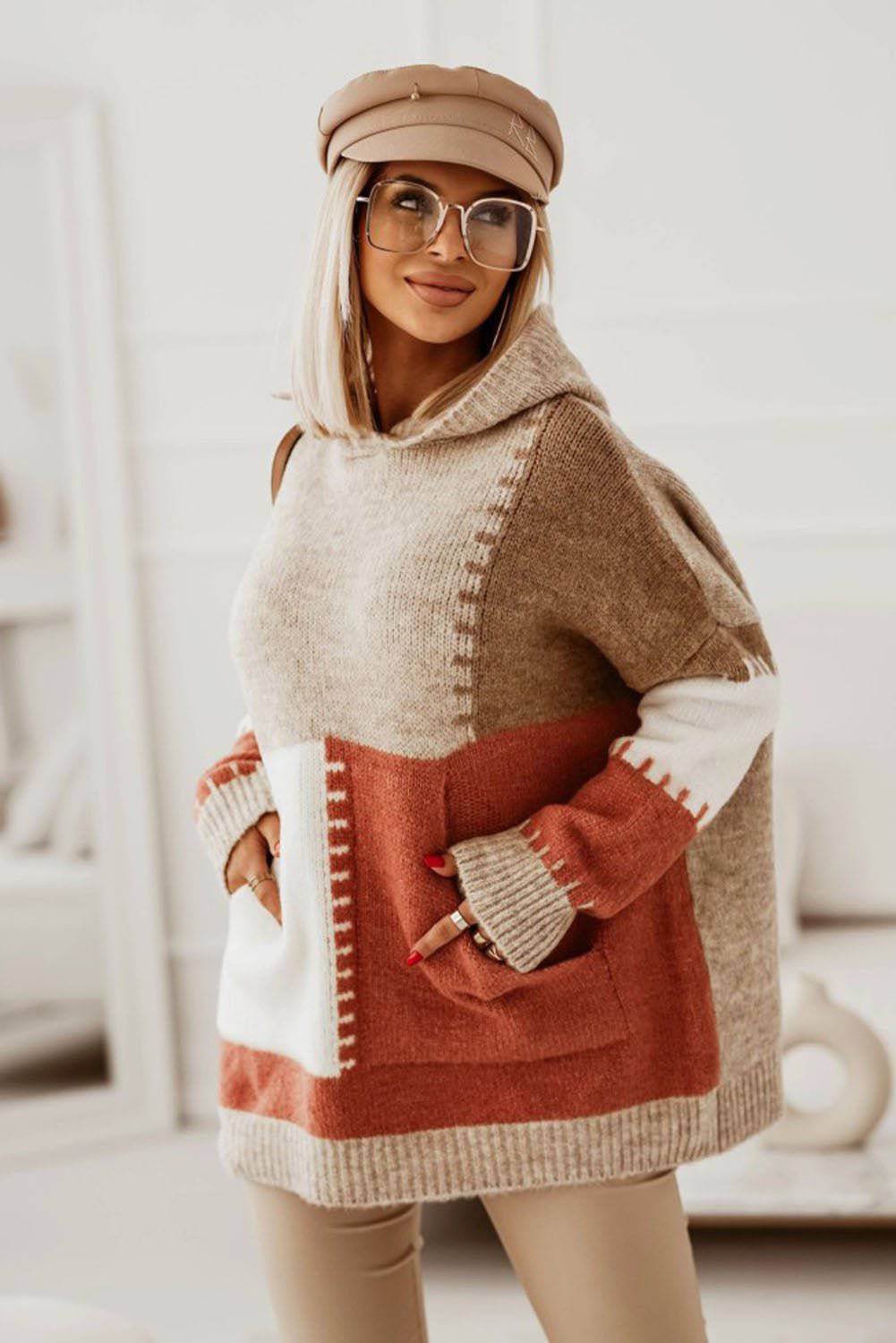 Autumn Hooded Loose Sweater for Women with Contrast Color    