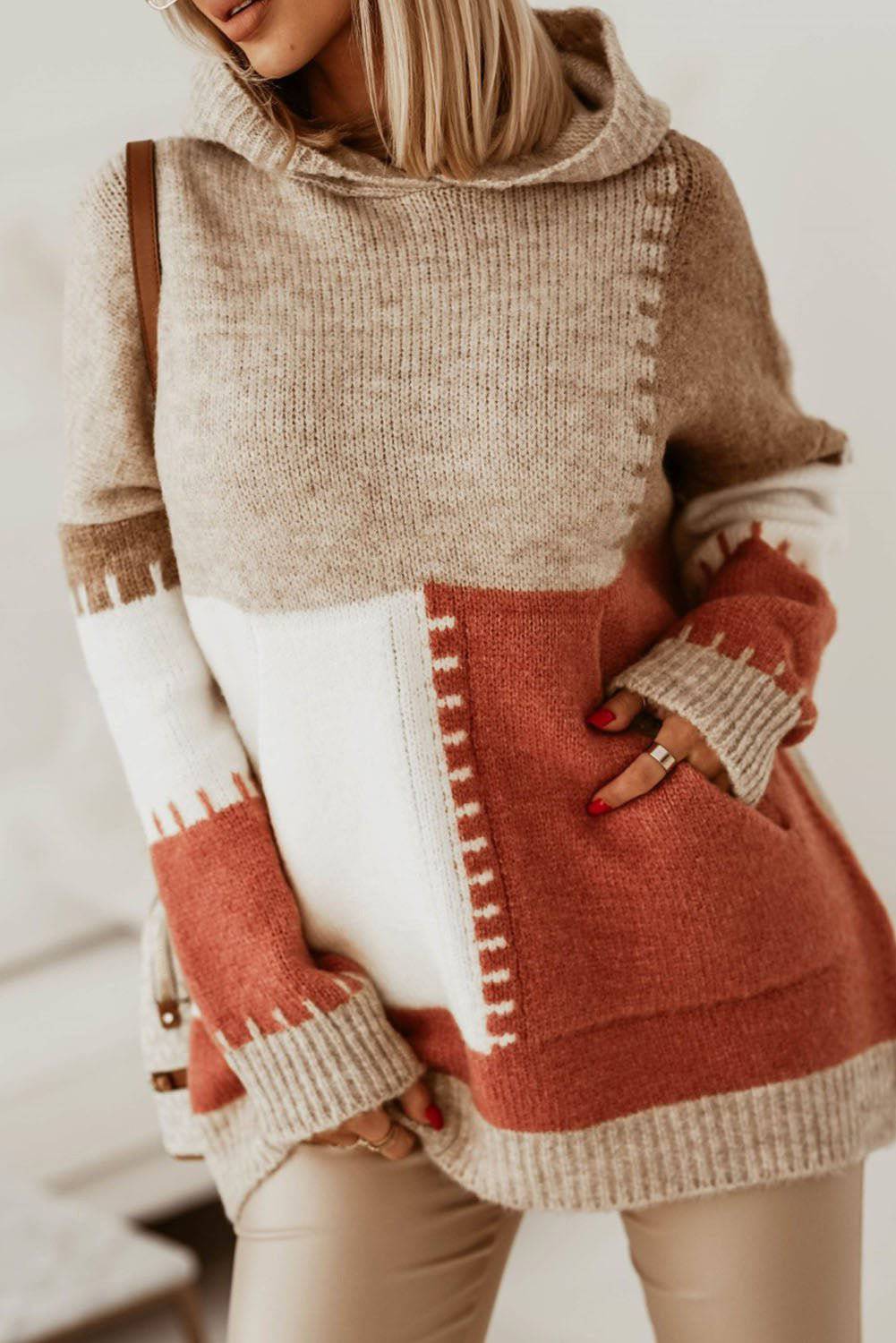 Autumn Hooded Loose Sweater for Women with Contrast Color    