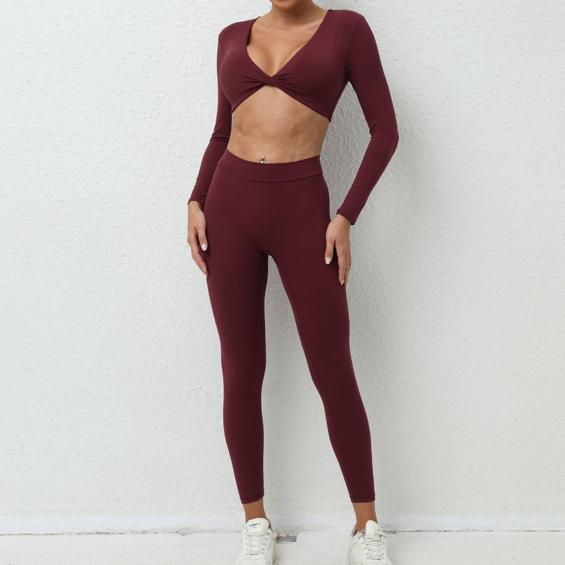 Autumn Nude Long Sleeve Yoga Suit for Women  S Burgundy 